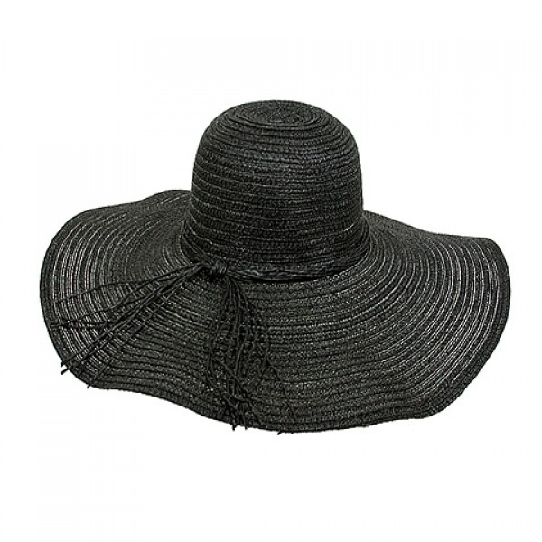 Straw Big Rim Hat - w/ Multi-String Bow - Black - HT-SHA50203BK